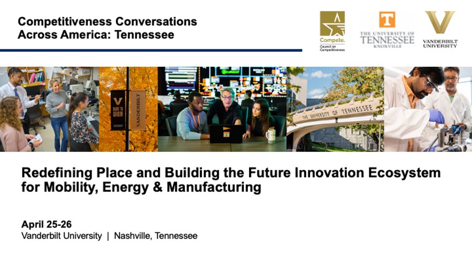 Regional innovation drives nat’l #competitiveness. @CompeteNow launches multi-year series of 'Competitiveness Conversations Across America.' Focus? Place-MAKING innovation. Starting this week in TN. Agenda & more: @ ow.ly/RBlf50RnaY0 ... #CompeteConvo cc: @chadevans1019