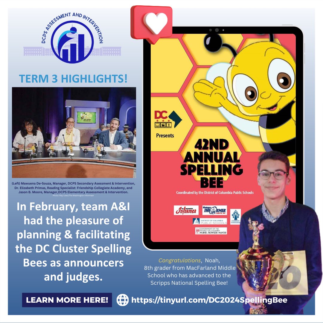 DCPSCurriculum's tweet image. In February, the Assessment &amp;amp; Intervention Team hosted the DC Cluster Spelling Bees &amp;amp; 18 DCPS students advanced to the 42nd Annual Washington Informer Spelling Bee! Congratulations to all DCPS participants &amp;amp; shoutout to 1st place winner of the Informer Bee, Noah Rowe!
#DCPS