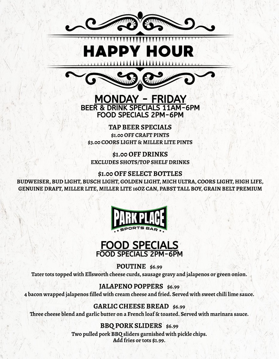 😁Happy Hour 🍺beer & drink specials with $1off until 6pm! Happy Hour Eats 2pm-6pm! #foodspecials #drinkspecials #beerspecials #happyhour #parkplacesportsbar