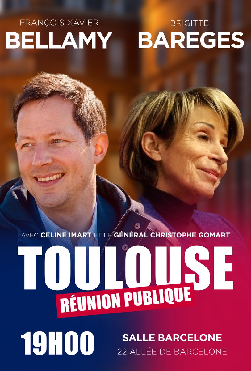 Rendez-vous 📆 vendredi à Toulouse à 19h pour la réunion publique de @fxbellamy chez nos amis et voisins @republicains31 François-Xavier Bellamy sera accompagné de @CelineImart et Christophe Gomart, les numéros 2 et 3 de la liste @lesRepublicains À vendredi ! #AvecBellamy