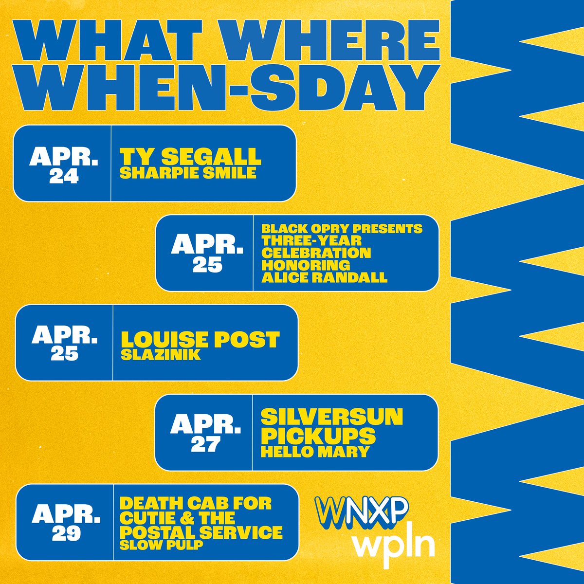 This week's What Where When-sday covers @BlackOpry's Three-Year Celebration Honoring @MsAliceRandall! Also this week in Nashville: @tysegall, Louise Post, @SSPU, @dcfc & @PostalService! More here: wnxp.org/what-where-whe…