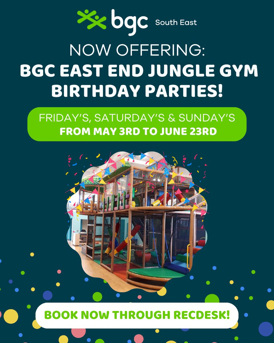 Jungle Gym birthday parties are now available at our BGC South East East End location! 🐒🥳 Offering on Friday's Saturday's, and Sunday's from May 3rd to June 23rd. Find full descriptions, details and dates on RecDesk. Available to book NOW: bgcka.recdesk.com/Community/Prog… 🎉