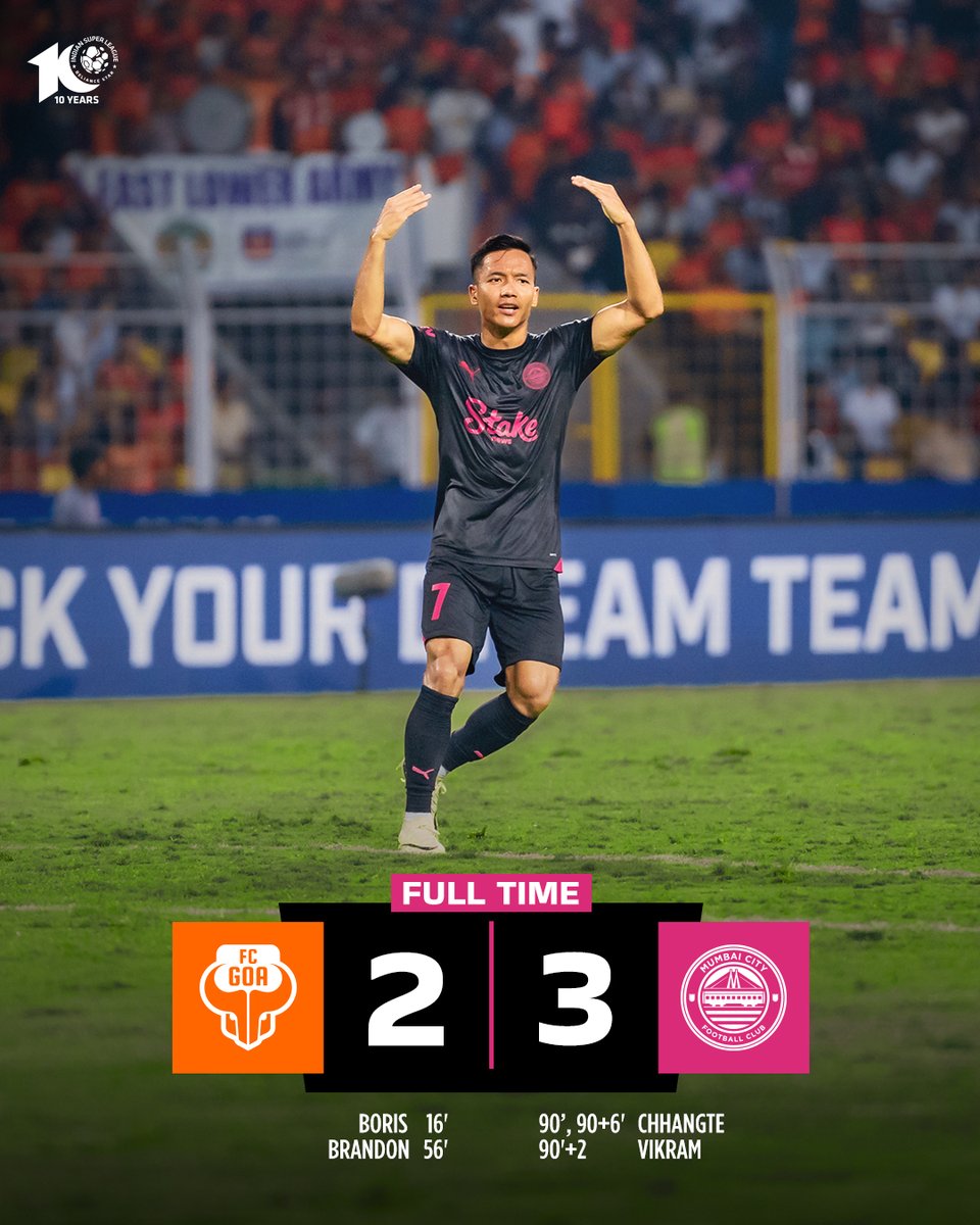 FT: FCG 2⃣-3⃣ MCFC

𝐌𝐔𝐌𝐁𝐀𝐈 𝐍𝐄𝐕𝐄𝐑 𝐆𝐈𝐕𝐄𝐒 𝐔𝐏! 💪

3️⃣ dramatic goals in stoppage time as we turn it around in Fatorda 🔥🩵

See you at the ARENA 👊

#FCGMCFC #AamchiCity 🔵