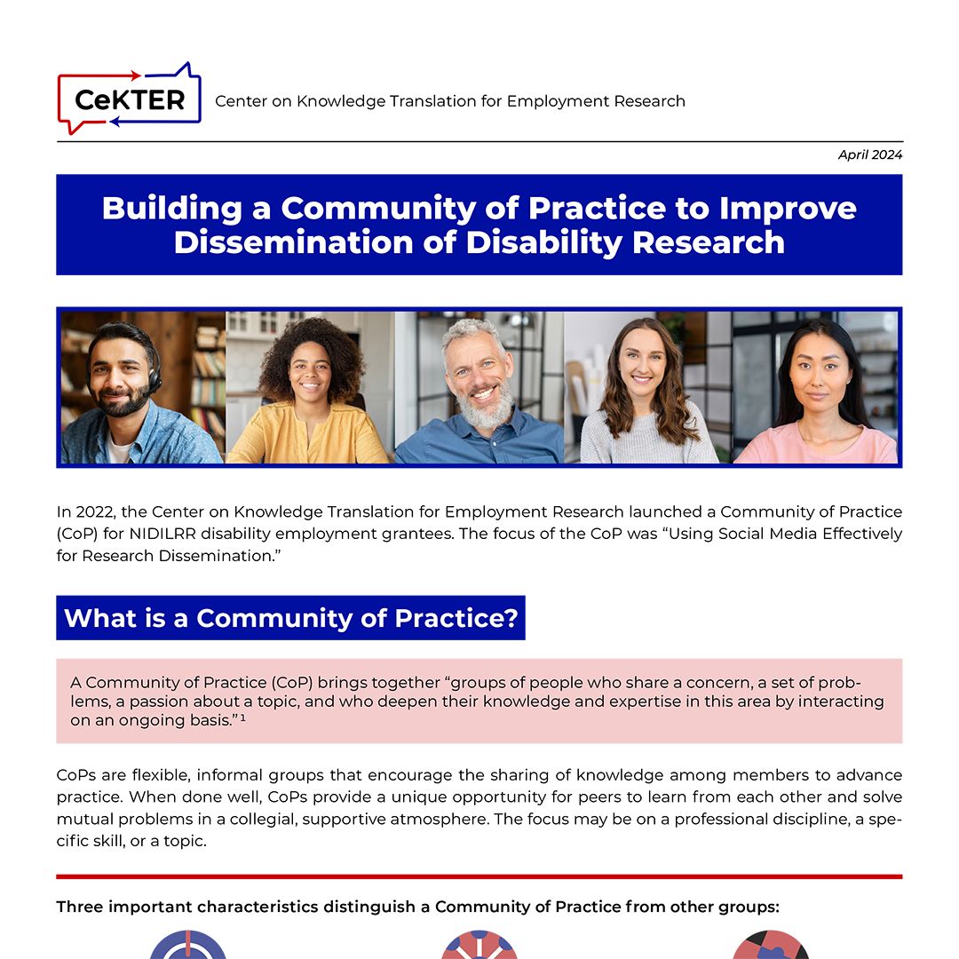 New Tip Sheet: Building a Community of Practice to Improve Dissemination of Disability Research - a 'how to' guide buff.ly/3JEolrf 
#NIDILRR #DisabilityEmployment #KnowledgeTranslation #Dissemination #CommunityOfPractice @umass_sparc @umasschan @NARICinfo @ACLgov