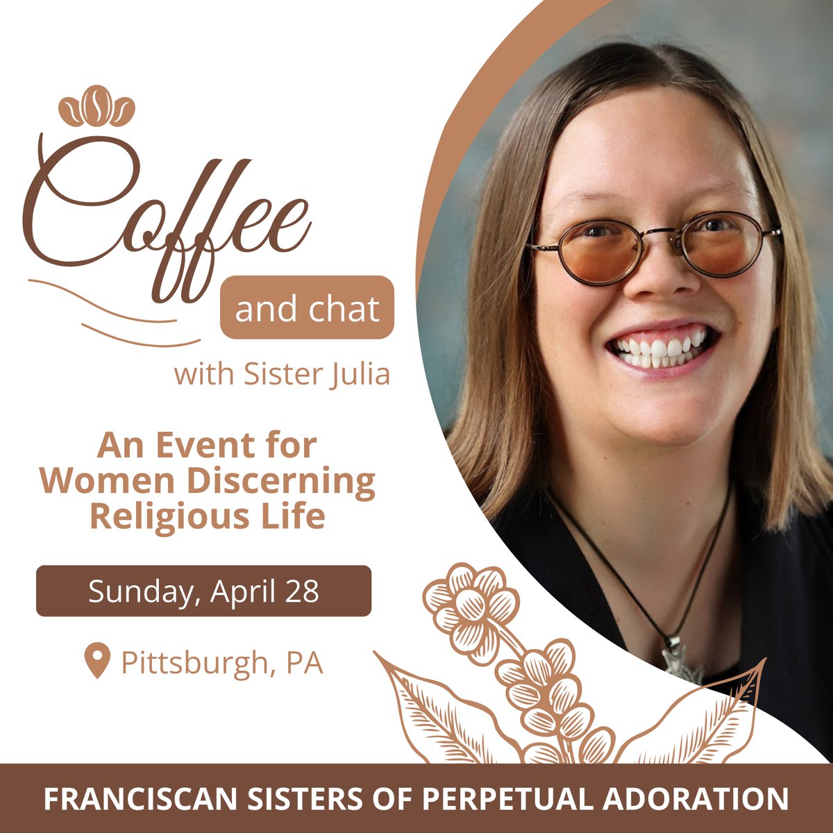 ☕ All women discerning religious life are invited to join Sister Julia Walsh (@juliafspa) for coffee and friendly conversation this Sunday in Pittsburgh, PA. Email discerning@fspa.org for more information, including time and specific location!