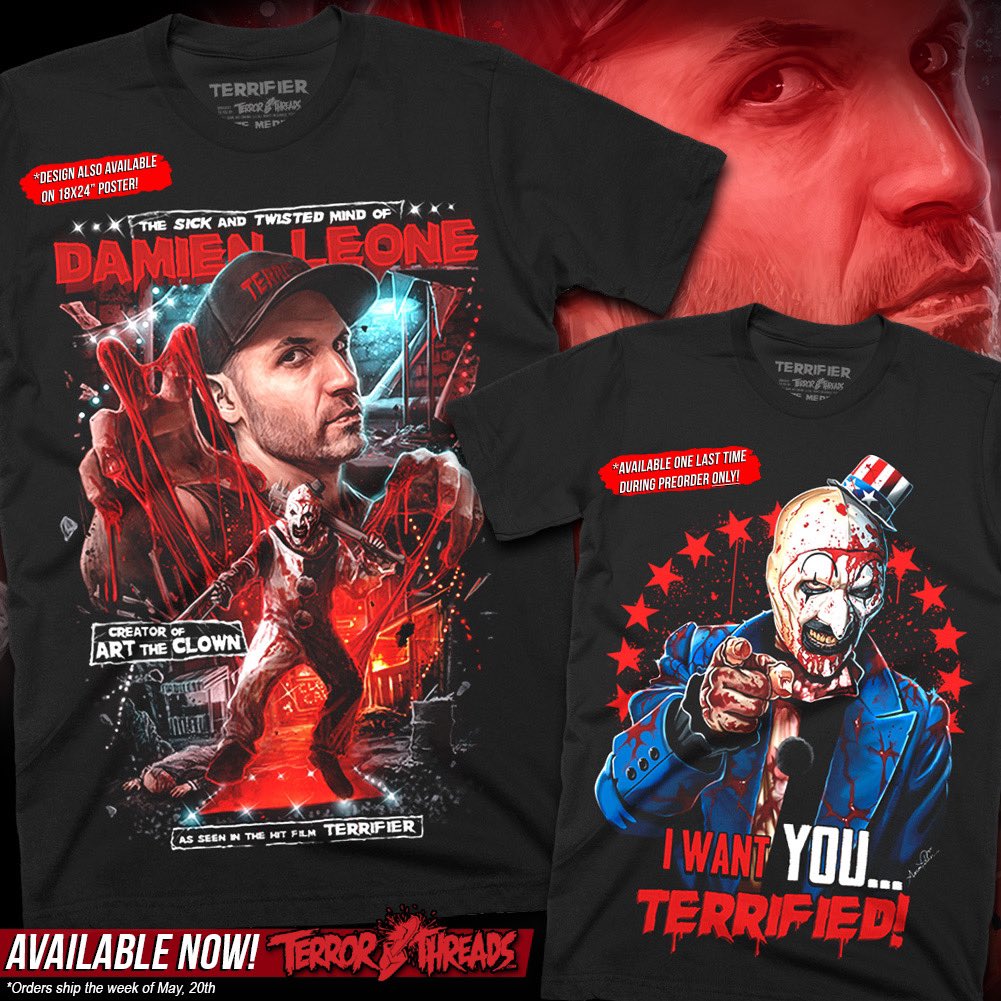 Our new Damien Leone “The Creator” Tee and Poster and the final return of our Uncle Art design, are now available! Guarantee your purchase before our preorder ends this Sunday at midnight! Click on the link in our profile or shop, TERRORTHREADS.COM🤡🔪