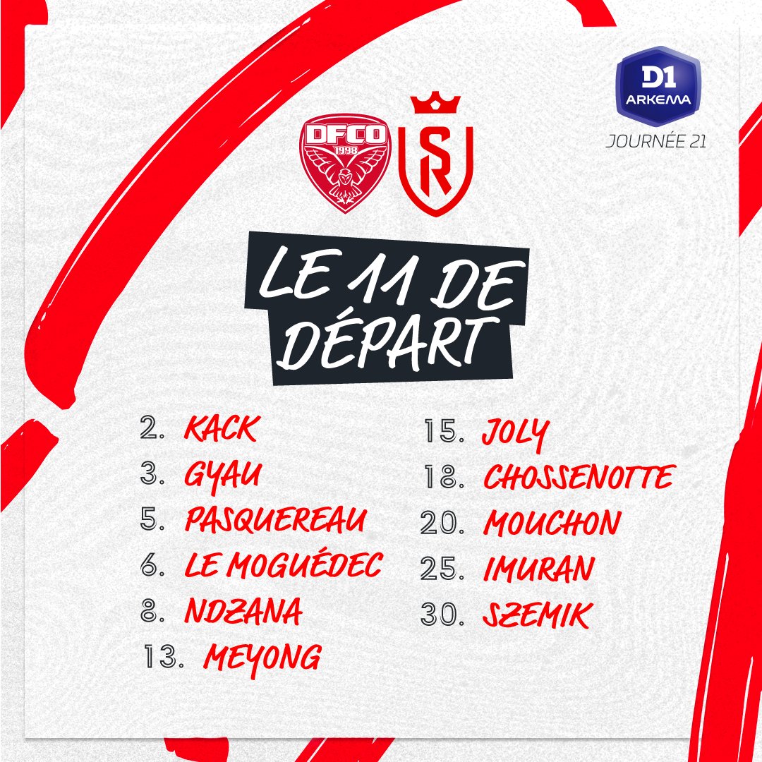 Le coup d'envoi approche ! 🔥

👀 Voici le XI de départ rémois pour faire face à Dijon ! ⚔️

#PionnièresEtAmbitieuses #DFCOSDR