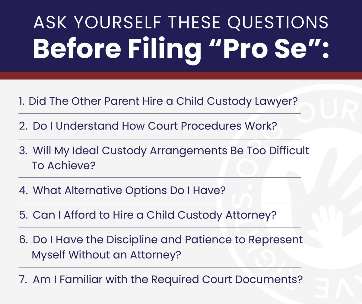 Before considering representing yourself in court, known as filing 'Pro Se', make sure you ask yourself these important questions. Visit ourchildrenhaverights.org/file-pro-se learn more!

#childcustody #familylaw #representyourself