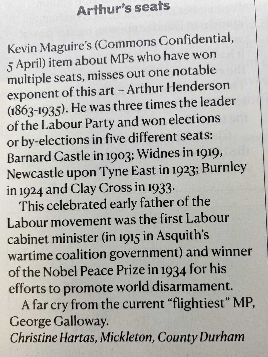 That’s me told. Great letter in last week’s ⁦@NewStatesman⁩ . Was unaware of Arthur Henderson’s Westminster travels.