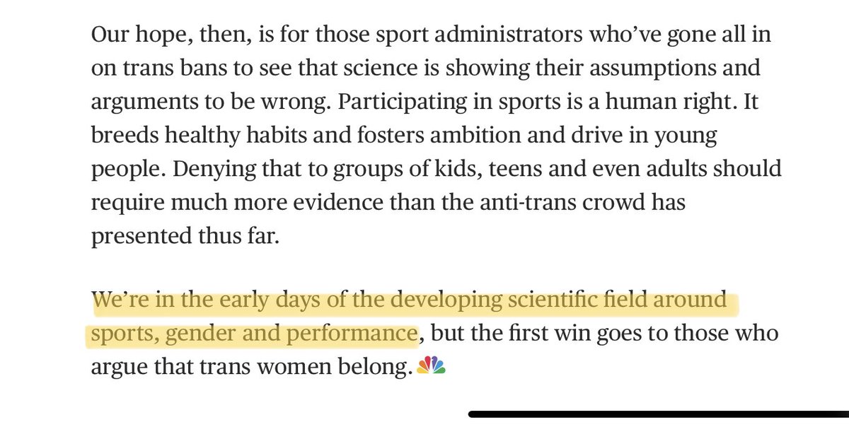 Perhaps unintentionally Burns exposes the heart of the issue. It’s been >20y since the IOC Stockholm Consensus, 14y since the 1st NCAA policy & despite access to $$$$’s neither the NCAA or IOC has produced any quality research justifying allowing trans ID males into womens sport.