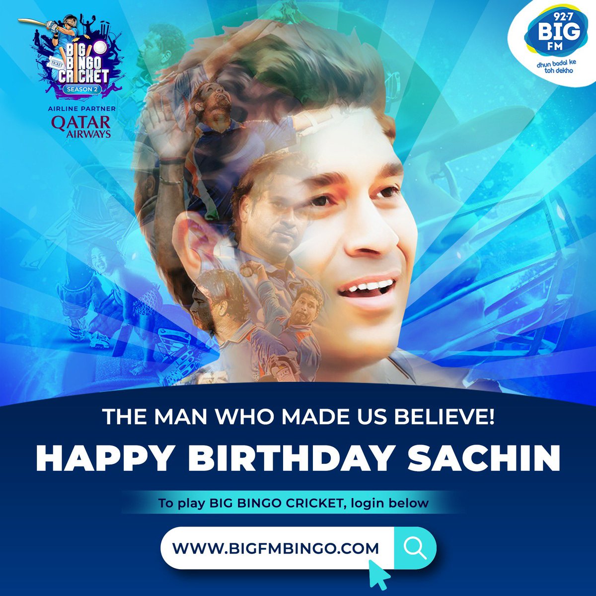 Its the God’s birthday today 🙏 Happy Birthday, Little Master 💙 Do tag @sachin_rt in the comments and send your wishes to him 🙌 Log on to bigfmbingo.com to start playing NOW 🏏 Airline Partner: @qatarairways #BIGFM #DhunBadalKeTohDekho #BIGBingoCricket #Season2…