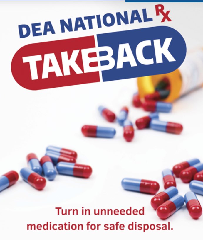 The @SalisburyPolice Department will be participating in the @DEAHQ Drug Take Back Day on Saturday April 27th from 10A-2P. Please use the self-serve kiosk in the SPD lobby to discard of any unwanted Rx pills. Pills only please! No liquids or needles!