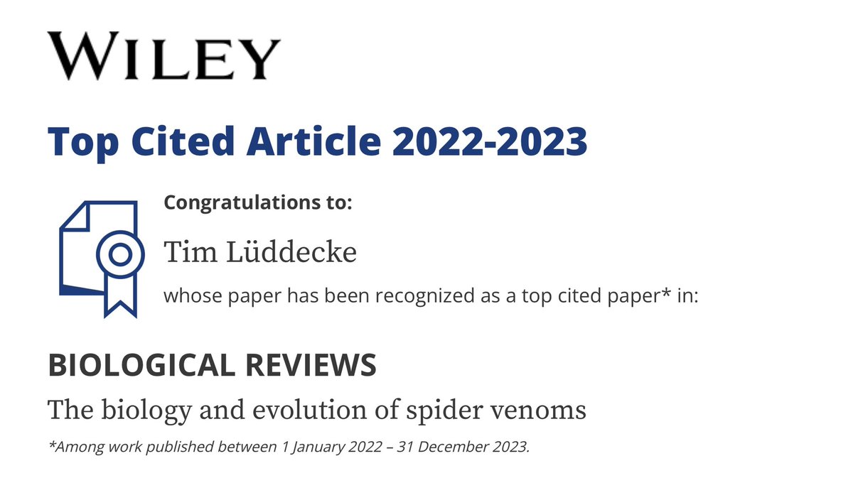 Happy to share that our 2022 spider venom review- which is essentially the main outcome of my PhD- is a #TopCitedArticle in @WileyGlobal #BiologicalReviews. Thanks to everybody citing our work!🤘😎 @ProLOEWE @LOEWE_TBG @Fraunhofer_IME @jlugiessen @geobiodiversity