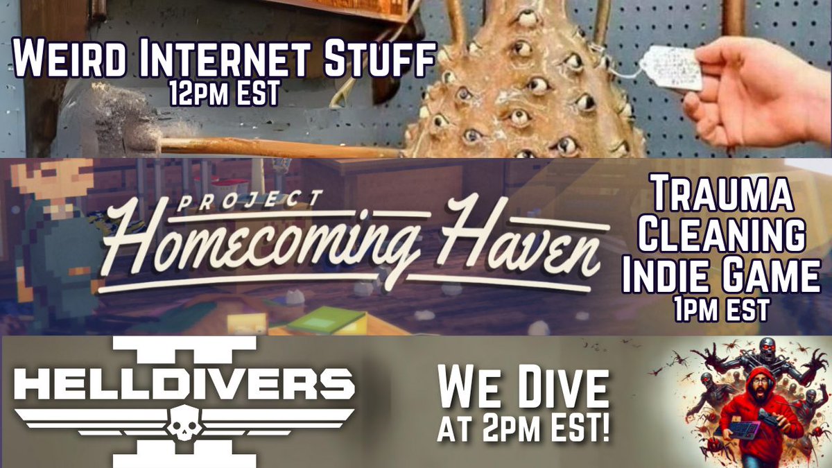 Lots to do today - come experience the weirdness!
twitch.tv/XtianNinja

#homecominghaven #weirdwednesday #Helldivers