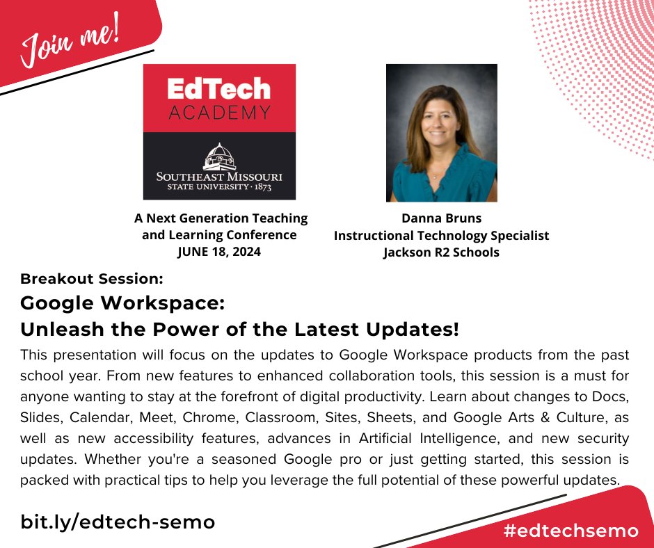 Join Danna Bruns, Instructional Technology Specialist at @JacksonR2School, for 'Google Workspace: Unleash the Power of the Latest Updates!' at #edtechsemo on June 18! bit.ly/edtech-semo
