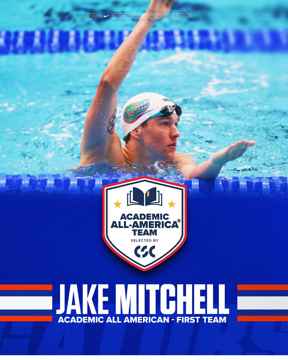 Standout in the pool and the classroom 👏 Congratulations to Jake Mitchell for being named to CSC’s First-Team Academic All-America Men’s Swimming & Diving Team! 📰 bit.ly/3Uw3M6E #GoGators
