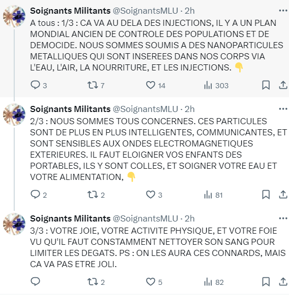 Je sais pas si ce compte est vraiment tenu par un ou des soignants, mais j'espère surtout que ces gens n'approcheront plus jamais un patient, ce sont des dangers ! 
#Antivax