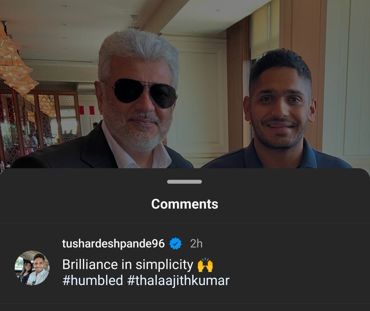 Billa2Harry's tweet image. Even Tushar Deshpande knows who is real Thala 💥 🤩

He mentioned #thalaajithkumar on his Instagram post 👍🏻

#VidaaMuyarchi .. #AjithKumar
#GoodBadUgly #Ajithkumar𓃵