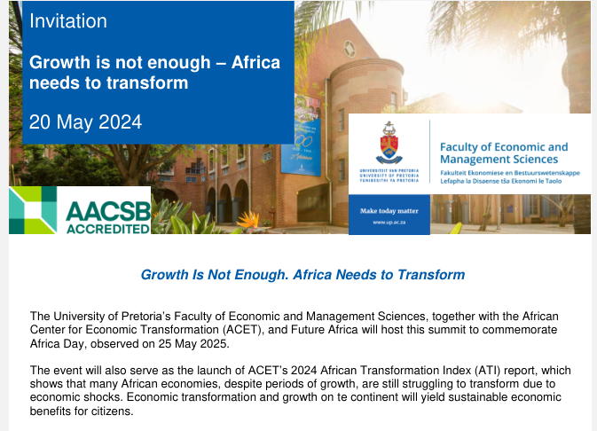 See below for an invite from @UPTuks to an event on #growth isn't enough in #Africa. I thought growth was about change & #transformation🤔#EconTwitter #institutions #development