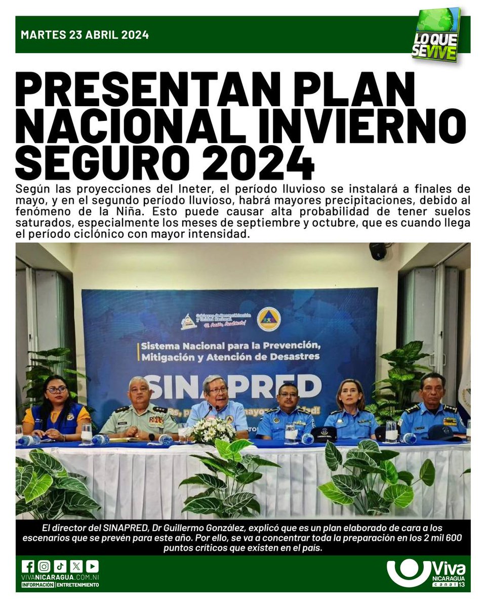 En Nicaragua nos preparamos para la llegada del invierno, este Martes SINAPRED presento El Plan Interinstitucional “Invierno Seguro 2024”. #UnidosEnVictorias @HeraclesNic @Comandant3Perro