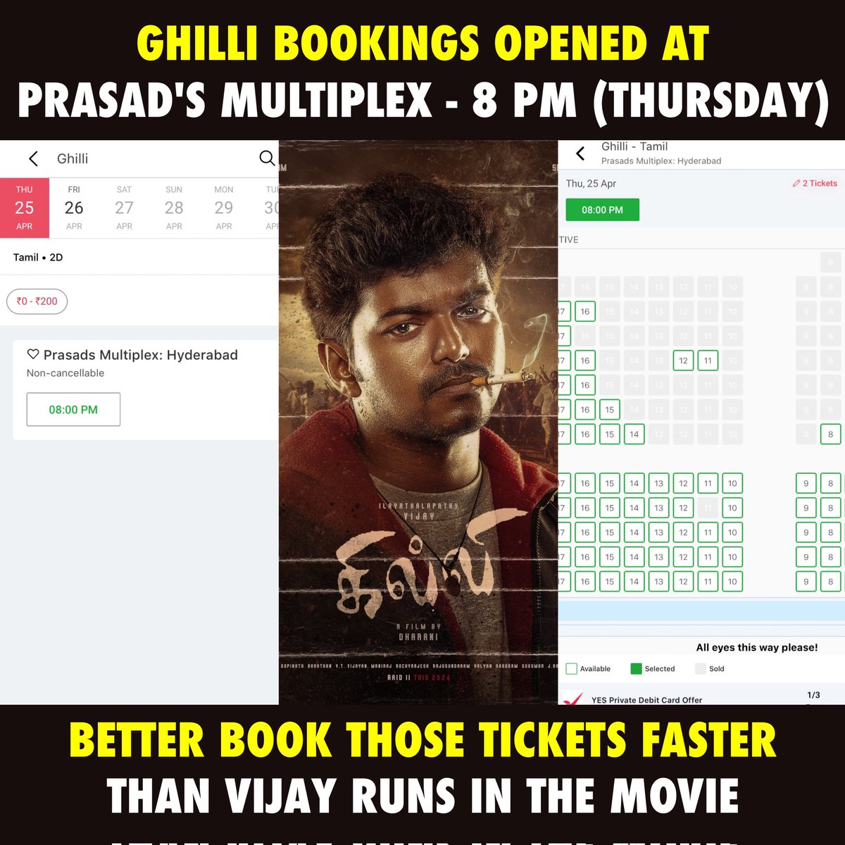 #Ghilli booking opens 🏆 Hyderabad. Book now 🎫 in.bookmyshow.com/hyderabad/seat… #Ghilli4K #Thalapathy @actorvijay