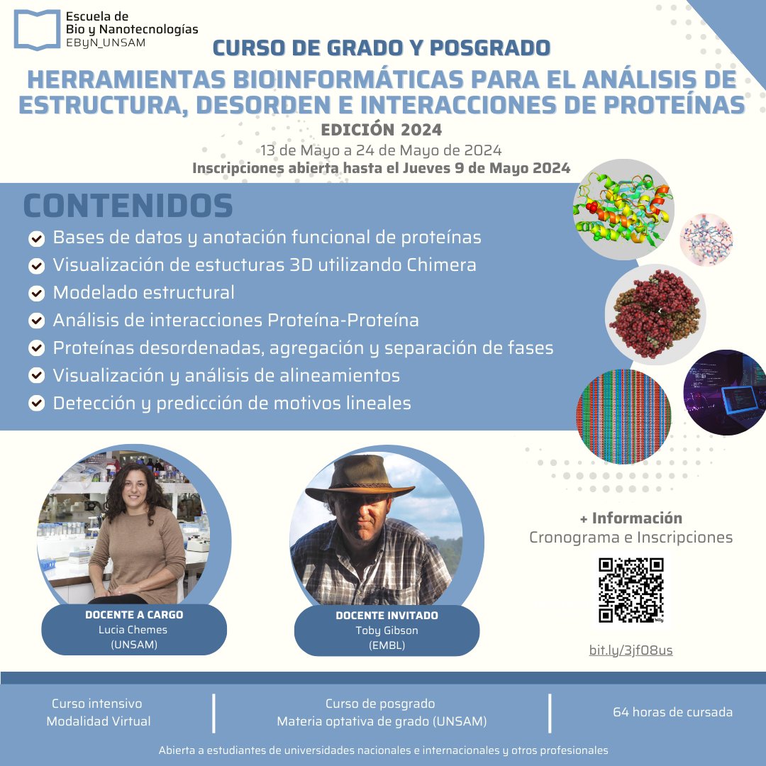 Chemes Lab (@chemeslab) on Twitter photo Herramientas Bioinformáticas para el análisis de estructura, desorden e interacciones de proteínas (EByN-UNSAM)
📢 SIGUE ABIERTA LA INSCRIPCIÓN! Se agradece RT!
💻Modalidad: Virtual
🗓️Inicio de clases: Lunes 13/5
Duración: 2 semanas
➕Info: bit.ly/3jf08us
<a href="/unsamoficial/">Universidad Nacional de San Martín</a> Herramientas Bioinformáticas para el análisis de estructura, desorden e interacciones de proteínas (EByN-UNSAM)
📢 SIGUE ABIERTA LA INSCRIPCIÓN! Se agradece RT!
💻Modalidad: Virtual
🗓️Inicio de clases: Lunes 13/5
Duración: 2 semanas
➕Info: bit.ly/3jf08us
<a href="/unsamoficial/">Universidad Nacional de San Martín</a>