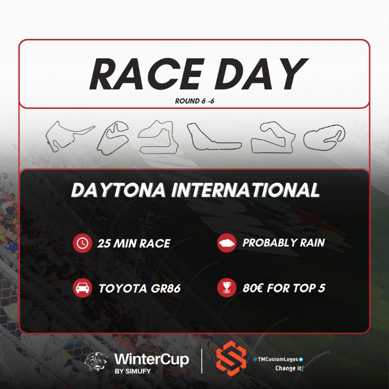 WINTERCUP 2024!🏁 THE LAST DANCE!🏁 Cerramos la 3ra edición de la #wcup by @simufy a lo grande! Con una combina de infarto que promete dar espectáculo, con el titulo y una base Direct Drive Moza en juego🙌. 🇺🇸Daytona 🚗 Toyota GR86 ⏰ 21:30hs LIVE: Twitch.tv/rinconracingtv