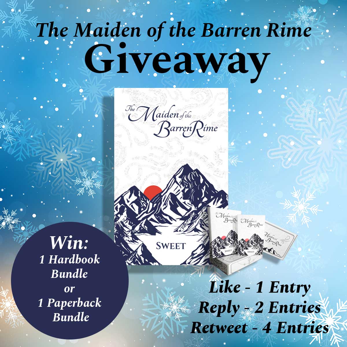 sweetdiscords's tweet photo. 📢 GIVEAWAY ANNOUNCEMENT 📢

With 1 WEEK left until The Maiden of the Barren Rime is released I'm excited to announce that I'm giving away 2 MBR book bundles!

For a chance to win a Hardback or Paperback Bundle: Like, Reply, or Retweet this tweet by 5/2/2024 to enter! https://t.co/K18OICvDXN