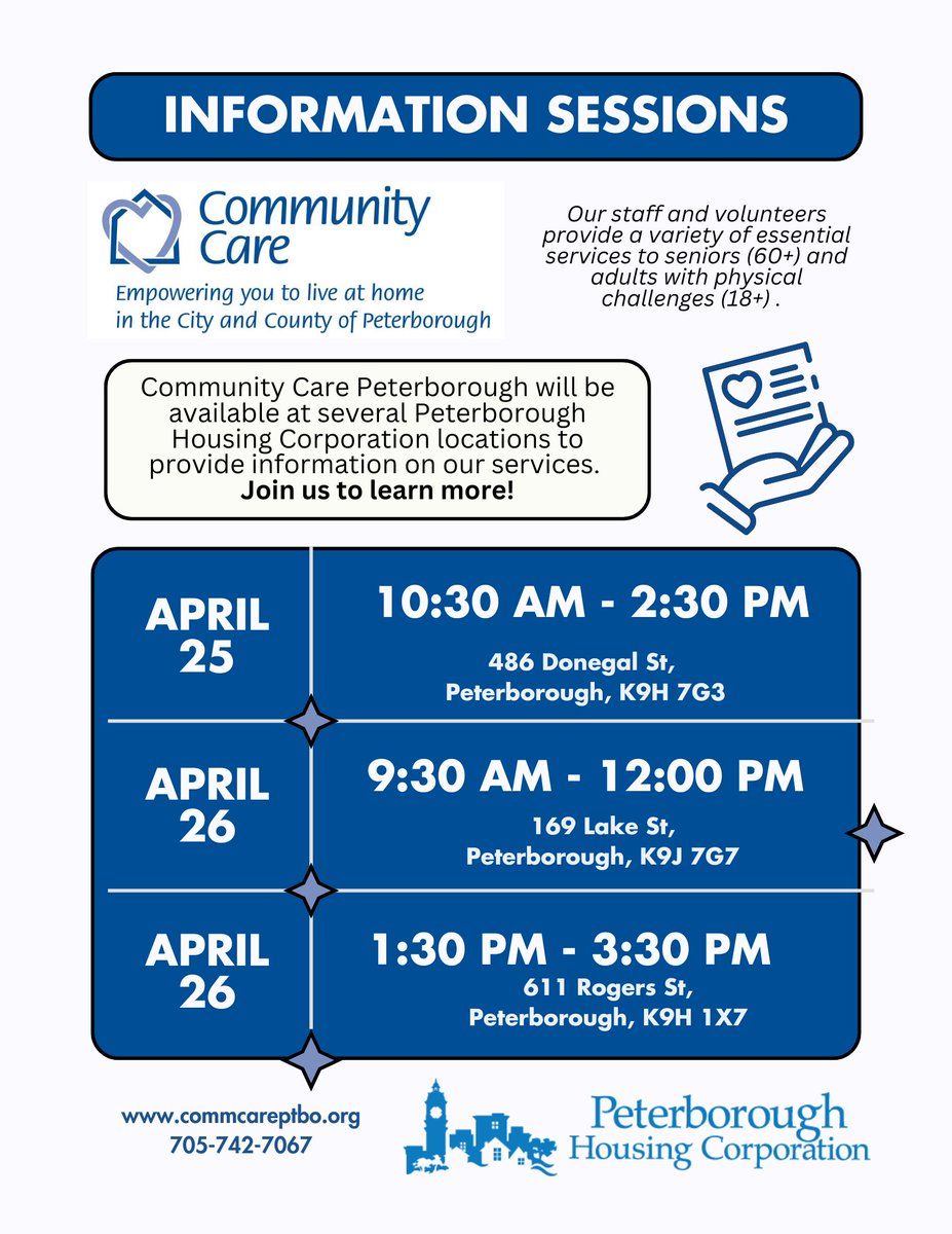 Community Care will be set-up tomorrow and Friday at several Peterborough Housing Corporation locations. We're looking forward to sharing about our programs and services for seniors and adults with physical challenges.