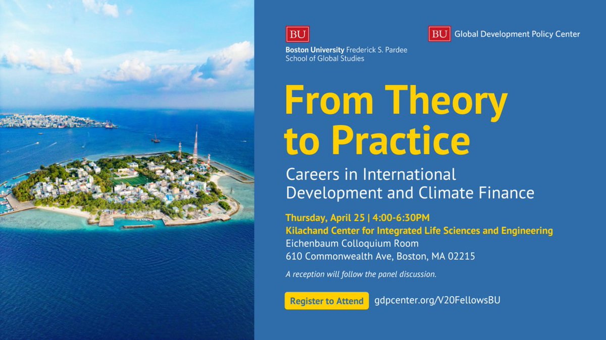 With speakers from 🇭🇹Haiti, 🇲🇻The Maldives, 🇰🇪Kenya + more, join us + @BUPardeeSchool tomorrow, April 25 for a panel discussion on turning theory to practice in careers in int'l development + climate finance. Register to attend: gdpcenter.org/3JxssW5