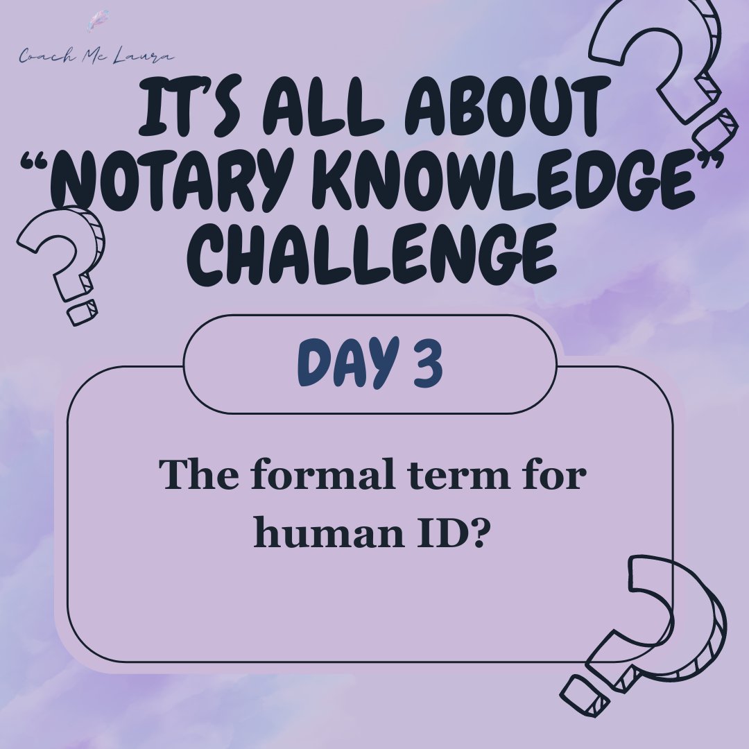 📜💼 It's Day 3 of the Notary Knowledge Challenge—let's keep the momentum rolling! 🚀 Today's question: 'What is the formal term for human ID?' Share your thoughts below and don't forget to tag your friends to join the excitement! 🕵️‍♂️✨ #NotaryChallenge #Day3 #TestYourKnowledge