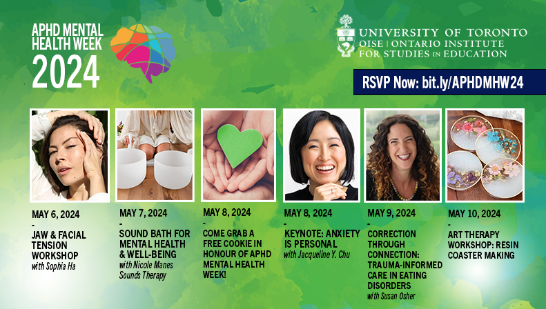 ✨Hey #UofT! Join us for APHD's Mental Health Week from May 6-10 with some exciting (FREE!) events for the #UofT community including a jaw &amp; facial tension workshop, a sound therapy bath, free cookies, art therapy and more! 🖱️Learn more and RSVP now➡️bit.ly/APHDMHW24