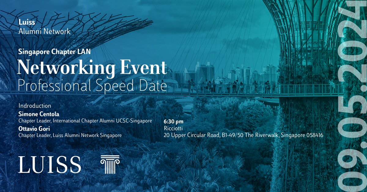 🇸🇬 Are you a Luiss alumni living in Singapore or those is just passing through? Don't miss out on the chance to attend our first joint event with Alumni Cattolica Singapore 'Networking Event, Professional Speed Date' on 9 May. Sign up here 👉 form.jotform.com/241094176342353