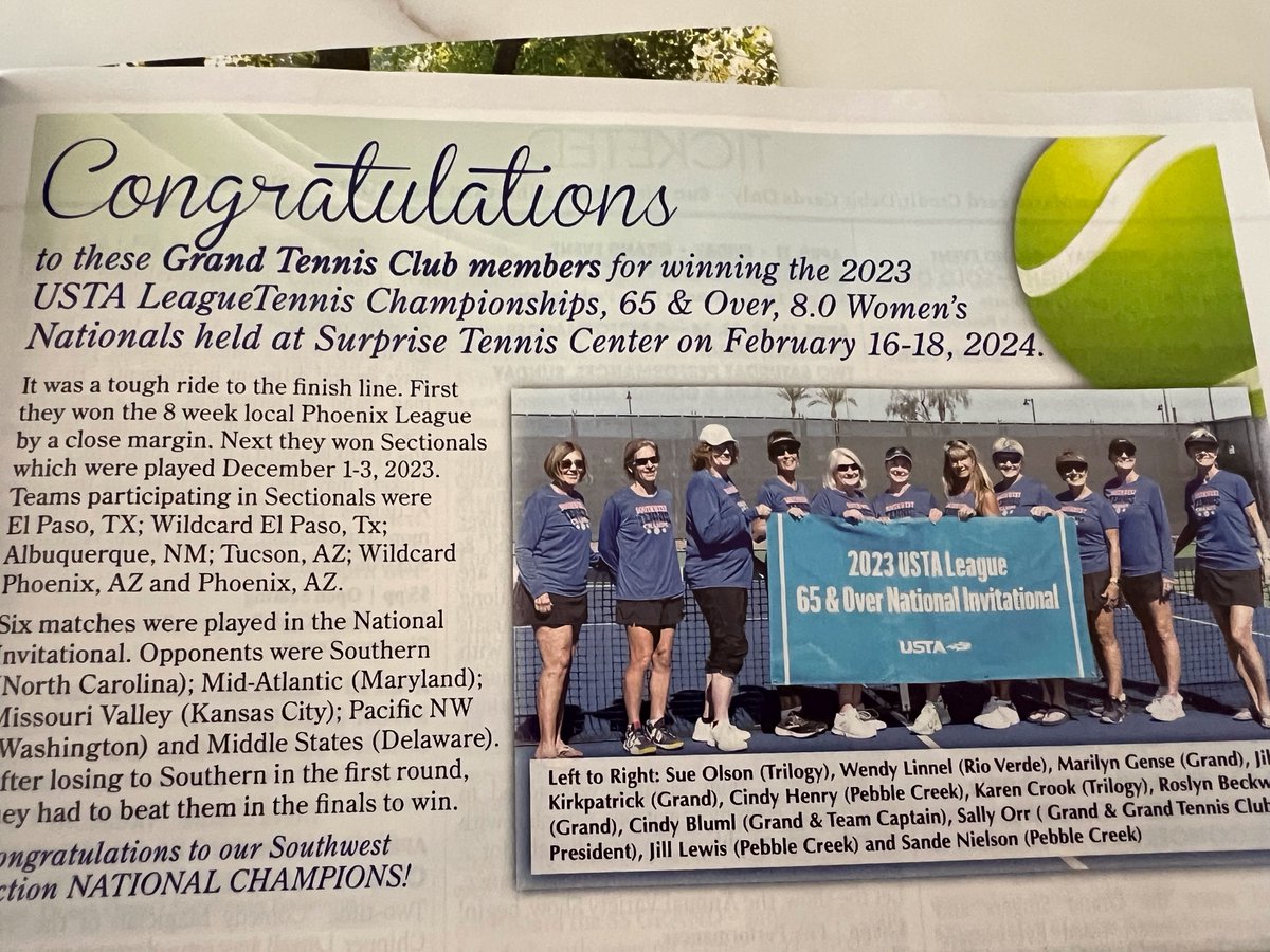 Congratulations to member Cindy Bluml and her team for winning the 2023 USTA LeagueTennis Championships, 65 & Over, 8.0 Women's Nationals! 'It is very difficult to win Nationals as a team and we are very proud to have done it twice.' -Cindy