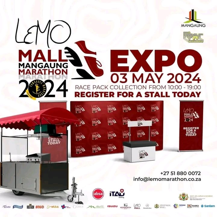 Register for a stall today. Contact +27 51 880 0072 or email info@lemomarathon.co.za for more info