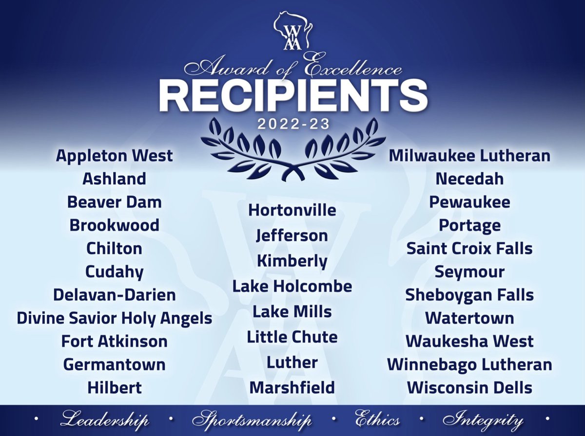 At this time we’d like to extend congrats to all those schools that received the WIAA Award of Excellence for last school year. This award recognizes member schools for their efforts & achievements in the areas of sportsmanship, ethics, integrity, leadership & character.