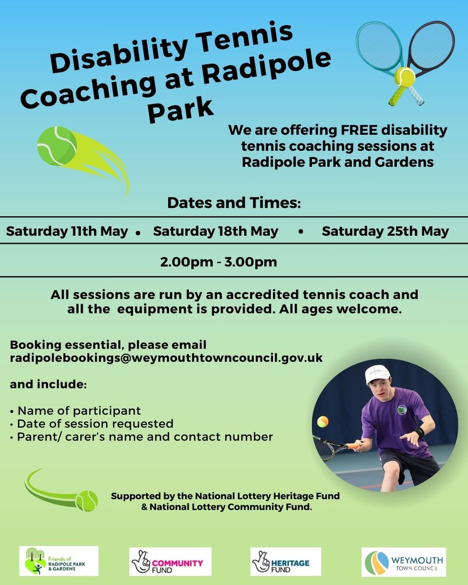 🎾 More FREE events at Radipole Park and Gardens this May! This time it's disability coaching sessions on May 11th, 18th and 25th, 2pm-3pm. 🎾 To book, email radipolebookings@weymouthtowncouncil.gov.uk #weymouthtowncouncil #weymouthevents #radipoleevents #radipolepark