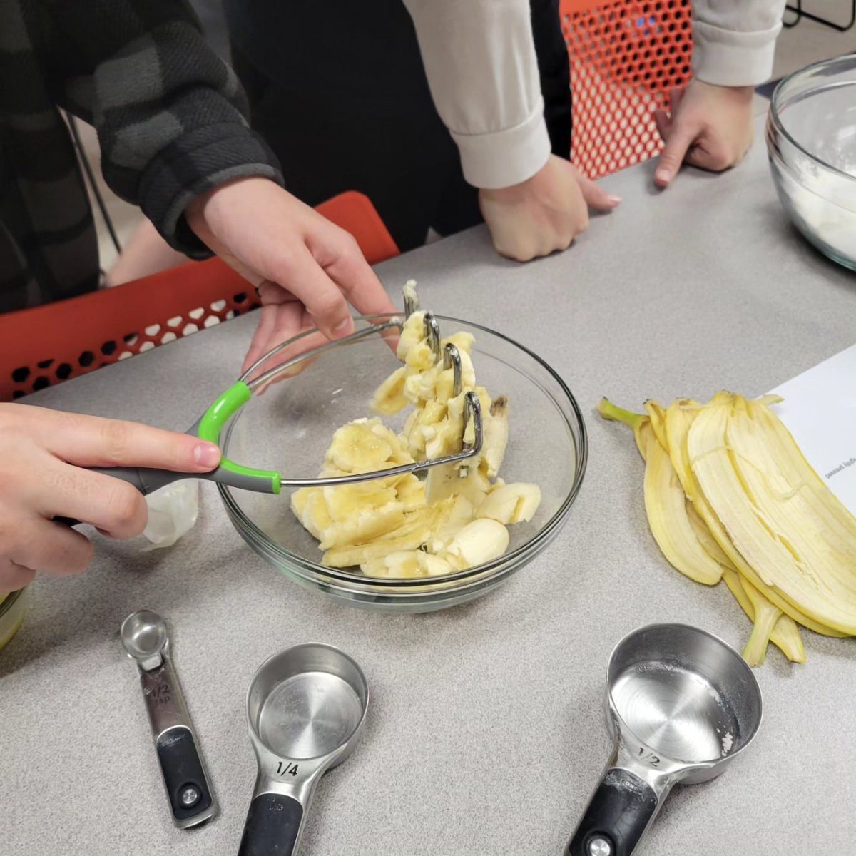 #MuffinWeek continues with BANANA muffins! They were SO GOOD! The mashing was the best part! #CookingClass #AHSisFamily