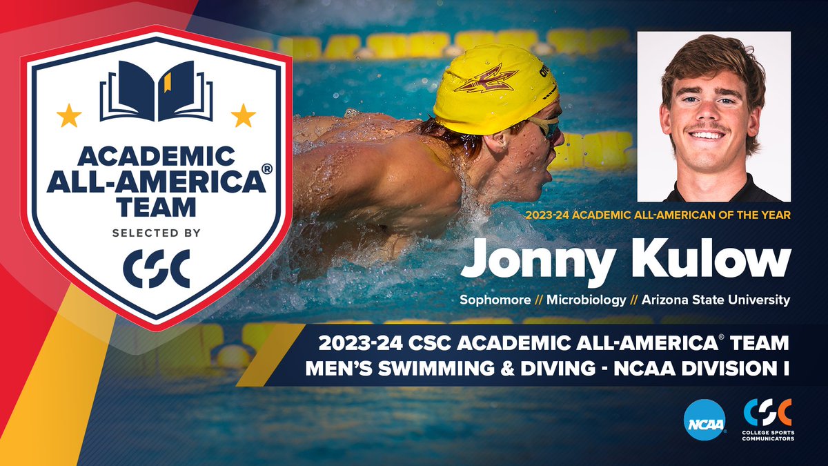 Jonny Kulow of <a href="/ASUSwimDive/">Sun Devil Swim/Dive</a> is a sophomore microbiology major with a 4.00 GPA. He is a five-time PAC-12 champion, including four this past season!

🔗: academicallamerica.com/news/2024/4/23…