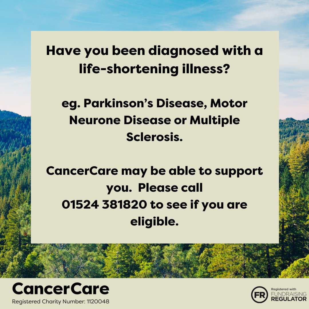 CancerCare offers support to people affected by certain life-shortening illnesses. 
If you feel you may be eligible for support, please give the Therapy Coordination Team a call on 01524 381820 and they will be happy to talk it over with you.
#CancerCare  #lifelimitingconditions
