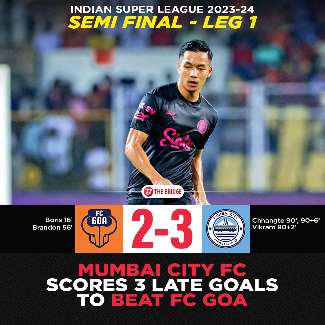 Mumbai City FC stuns FC Goa in the ISL semi-final with a remarkable comeback 🤯 Lallianzuala Chhangte and Vikram Partap Singh scored in the final minutes, giving the Islanders the advantage going to the second leg 💥 #IndianFootball⚽️ | #ISL10🏆 | #FCGMCFC⚔️