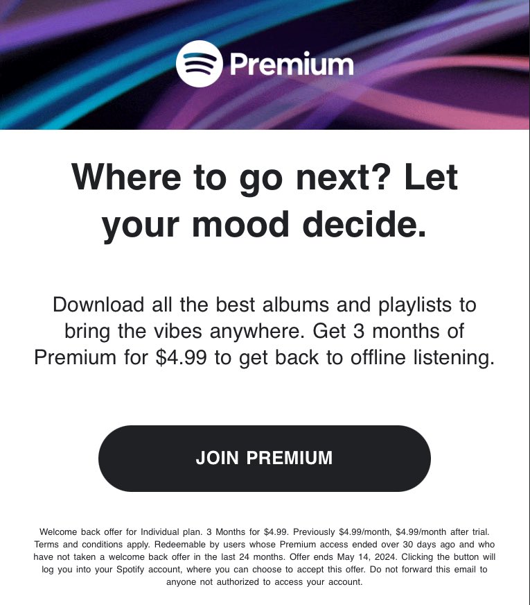reminding y’all again to get spotify premium until offer ends & park them on sh, moas!! there are 2 offers: - for free: if u are new user - for $4.99: if ur premium ended over 30 days ago & u haven’t taken a welcome back offer in the last 24 months 🔗: spotify.com/us/premium/