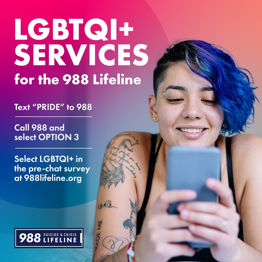 To provide the most inclusive #mentalhealth support possible, the @988Lifeline offers specialized #LGBTQI+ services nationwide! Connect with a skilled, caring counselor 24/7 by texting or calling 988, or chatting at 988Lifeline.org. #PRIDE
