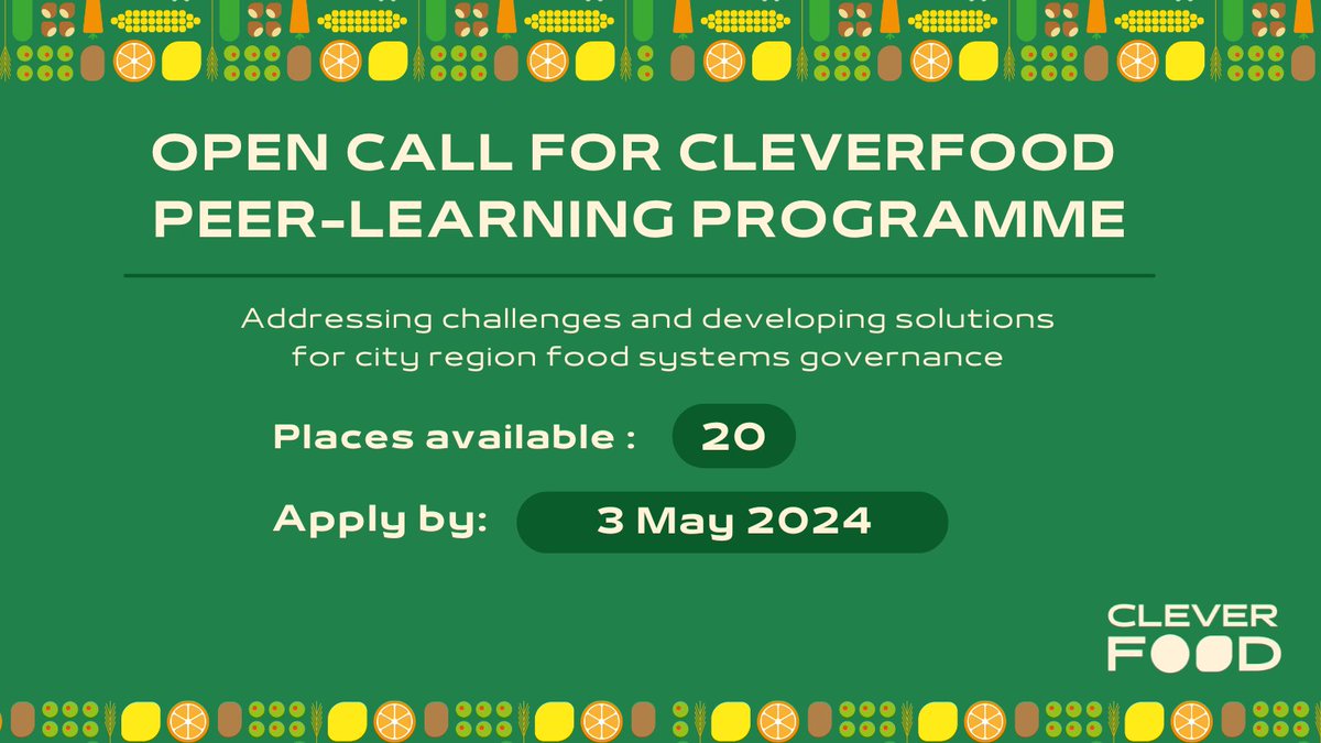 ⌛️ The deadline for applying to the open call and become a mentor for #CleverfoodEU peer-learning programme is just around the corner! If you are part of policy labs and councils, you've got until the 3rd of May to submit your applications: food2030.eu/news/cleverfoo… @EUROCITIES
