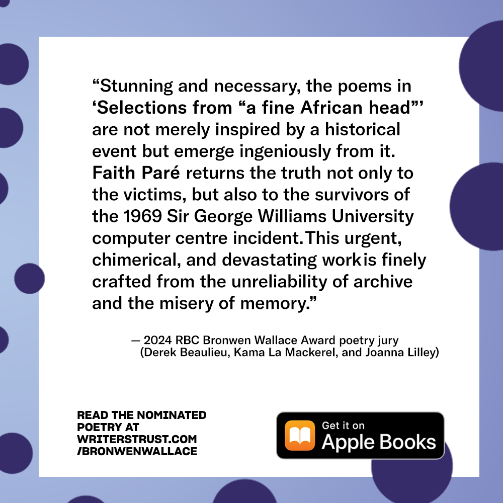 Congratulations to 2024 @RBC #BronwenWallace Award for Emerging Writers poetry finalist Faith Paré! Read her poems for free on @AppleBooks at apple.co/bronwenwallace More details at writerstrust.com/BronwenWallace #canlit @paretriarchy