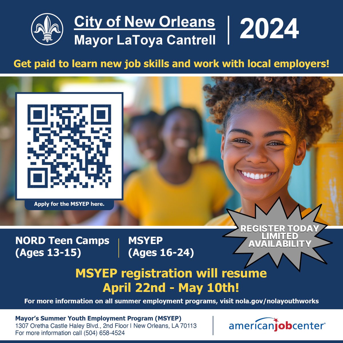 ⚠️Get paid to learn new job skills and work with local employers! NORD Teen Camps ➡️(Ages 13-15) Mayor’s Summer Youth Employment Program (MSYEP) ➡️(Ages 16-24) REGISTER TODAY LIMITED AVAILABILITY! nola.gov/nolayouthworks