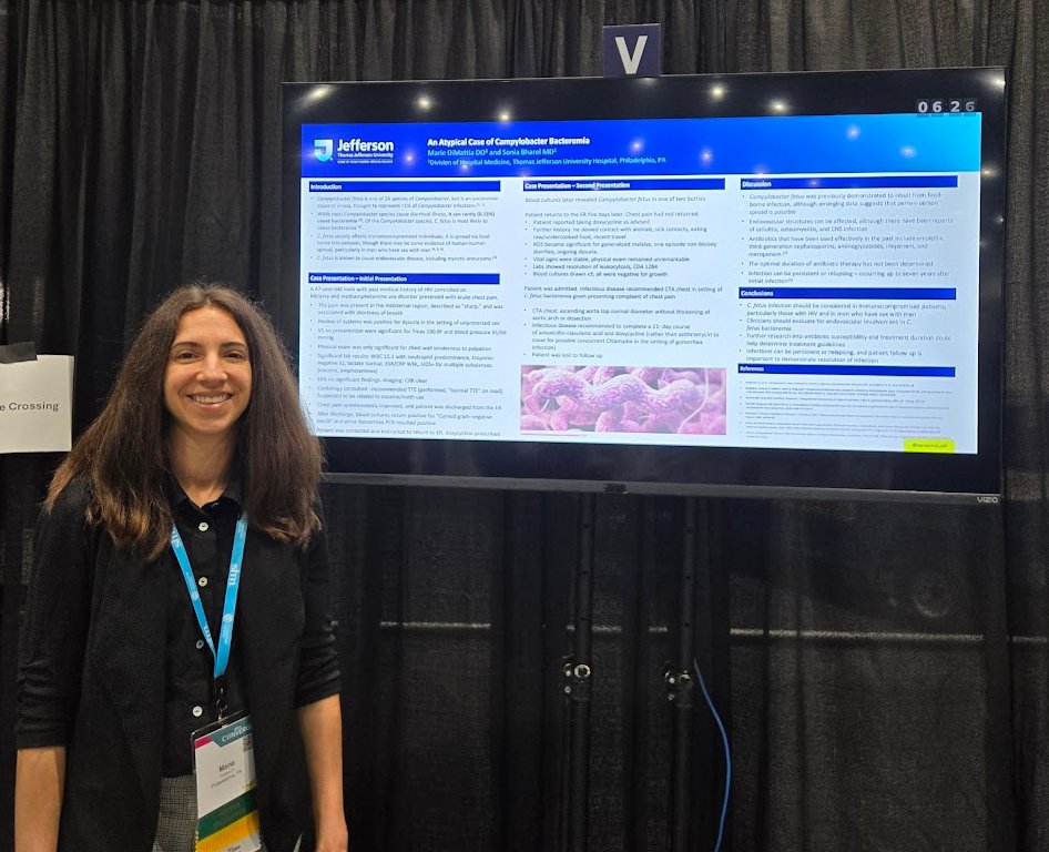 Continuing the Sun case pres roll, Dr. Marie DiMattia presented her &amp; Dr. Bharel's unique case of campylobacter bacteremia! 
📌C. fetus may be spread 👩to🧑
📌Can involve endovascular structures
📌Can be relapsing remitting up to years!
📌Involve ID; ideal abx/duration ❓
🧵...