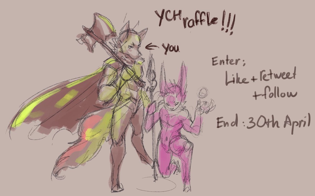 FREE ART ALERT !!! &lt;&lt;ART RAFFLE&gt;&gt;
Well a preview of the pose i am cooking
Rules: Any genders - Species - SFW
How to Enter: Like + Follow + Retweet (this or the older post)
End to roll the WHEEL: 30th of APRIL
#furryartwork #raffle #furryfandom