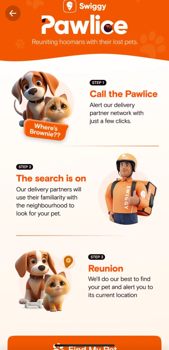 Find a lost pet feature by alerting delivery partners is one of the most heartwarming initiatives taken by a brand 😭😭😭 Kudos @Swiggy.