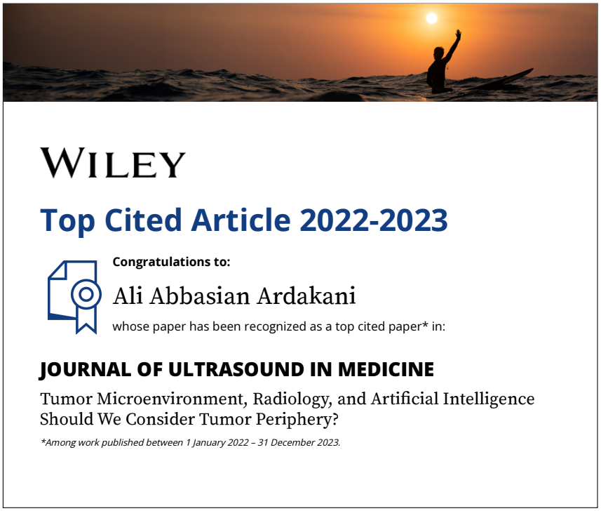 Alimedphysics's tweet photo. I'm delighted to share that our work, published in Journal of Ultrasound in Medicine on behalf of American Institute of Ultrasound in Medicine, is one of the top most-cited papers published 2022-2023. A special thanks to @nj_bureau and @MoMirzaAA for their help. 
@AIUMultrasound https://t.co/0HMPoV74nN